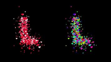 3D animation set of two swirling heart streams. Red on the left and multicolored on the right. They rotate energetically and gradually transform into the letter L. File includes an Alpha Channel. video