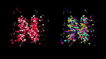 3D animation set of two swirling heart streams. Red on the left and multicolored on the right. They rotate energetically and gradually transform into the letter N. File includes an Alpha Channel. video