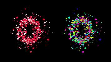 3D animation set of two swirling heart streams. Red on the left and multicolored on the right. They rotate energetically and gradually transform into the letter O. File includes an Alpha Channel. video