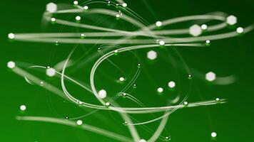 Abstract animation with moving shiny lines connecting metallic spheres. The blur effect and dynamic movement create a sense of depth, making it perfect for scientific and technological projects video