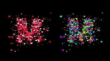 3D animation set of two swirling heart streams. Red on the left and multicolored on the right. They rotate energetically and gradually transform into the letter M. File includes an Alpha Channel. video