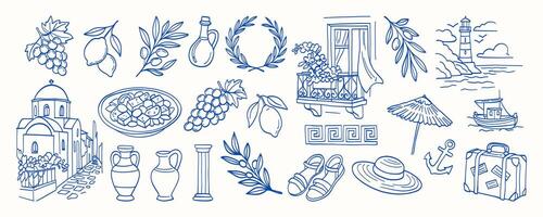A blue and white image of various food items and objects, including a vase, a bowl, a bottle, a lemon, a grape, an umbrella, a boat, and a suitcase vector