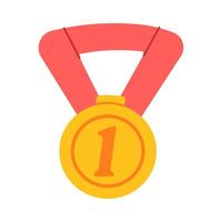 A gold medal with a red ribbon and the number 1 on it. The medal is worn by a person with their arm extended vector