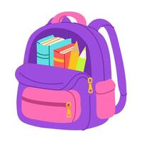 A purple backpack with books and pencils inside. The books are of different sizes and colors vector