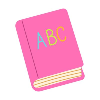 A pink book with the letters ABC on it. The book is colorful and has a playful design