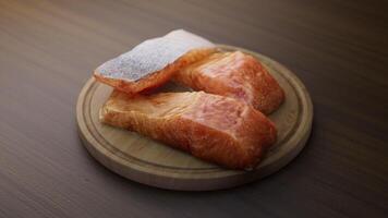 Looping animation around a composition of salmon lying on a wooden board. Loop motion. Defocus. video