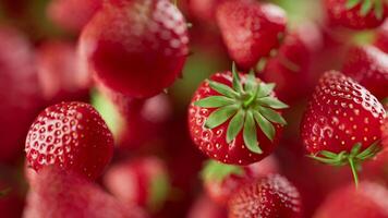 Animation of a group of strawberry. Many strawberry slowly rotate in the background in space. Horizontal composition. Defocus video
