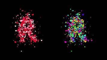 3D animation set of two swirling heart streams. Red on the left and multicolored on the right. They rotate energetically and gradually transform into the letter R. File includes an Alpha Channel. video
