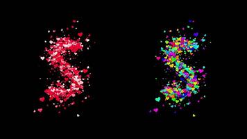 3D animation set of two swirling heart streams. Red on the left and multicolored on the right. They rotate energetically and gradually transform into the letter S. File includes an Alpha Channel. video