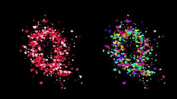 3D animation set of two swirling heart streams. Red on the left and multicolored on the right. They rotate energetically and gradually transform into the letter Q. File includes an Alpha Channel. video