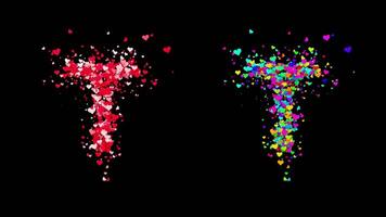 3D animation set of two swirling heart streams. Red on the left and multicolored on the right. They rotate energetically and gradually transform into the letter T. File includes an Alpha Channel. video