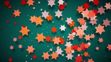 3D animation of cartoon-style orange and red stars on a dark green background. Seamless looping motion creates a festive atmosphere and a sense of depth. video