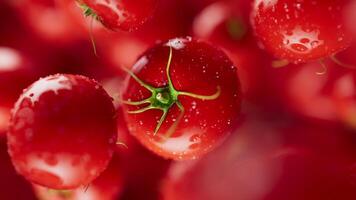 Animation of a group of tomato. Many tomatoes slowly rotate in the background in space. Horizontal composition. Defocus video