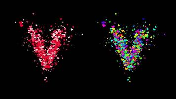 3D animation set of two swirling heart streams. Red on the left and multicolored on the right. They rotate energetically and gradually transform into the letter V. File includes an Alpha Channel. video