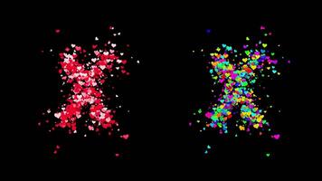 3D animation set of two swirling heart streams. Red on the left and multicolored on the right. They rotate energetically and gradually transform into the letter X. File includes an Alpha Channel. video