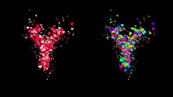 3D animation set of two swirling heart streams. Red on the left and multicolored on the right. They rotate energetically and gradually transform into the letter Y. File includes an Alpha Channel. video
