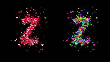 3D animation set of two swirling heart streams. Red on the left and multicolored on the right. They rotate energetically and gradually transform into the letter Z. File includes an Alpha Channel. video