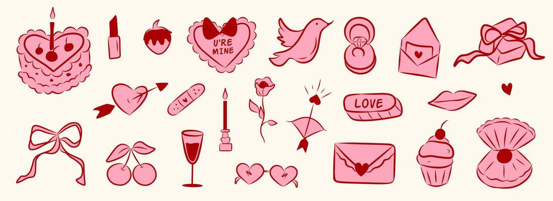 Set of hand drawn cute elements for Valentines day, wedding invitation, birthday card. Girly bows, hearts, ribbons, cherry, cake, heart frame, strawberry. Vintage elegant coquette flat illustration.
