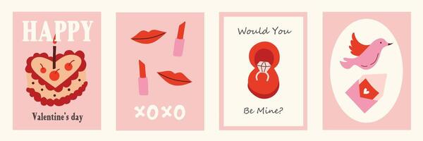 Set of Valentine's Day poster, greeting card, cover, label, sale promotion templates, pattern background with cake, bird, letter, lips flat elements illustration in modern trendy geometric style. vector