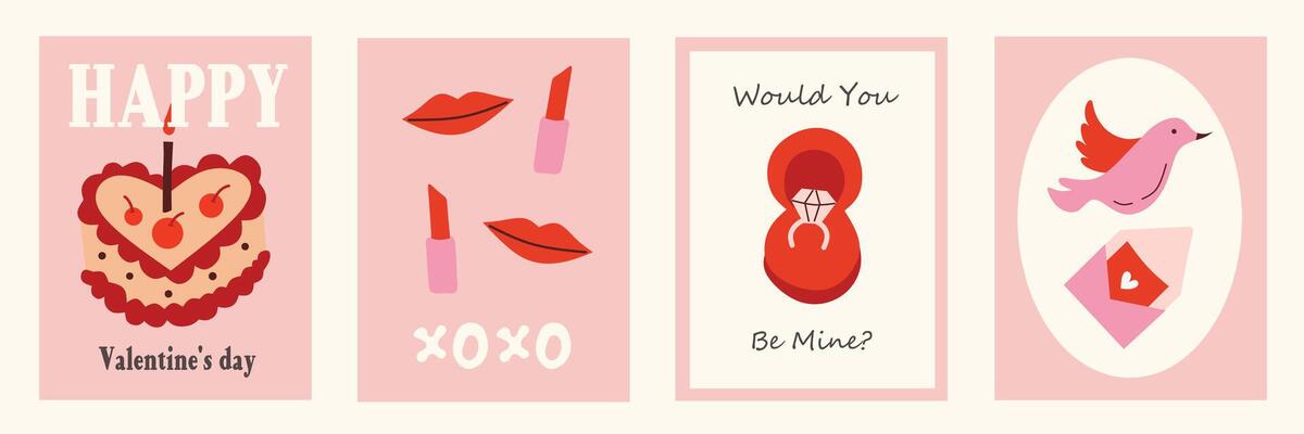 Set of Valentine's Day poster, greeting card, cover, label, sale promotion templates, pattern background with cake, bird, letter, lips flat elements illustration in modern trendy geometric style.