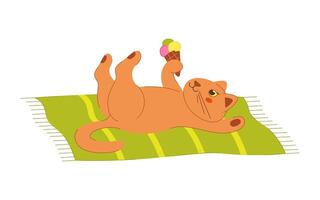 A cute cat with ice cream in its paw lies on a beach towel. Color clip art for your projects. vector