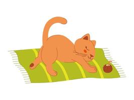 Cute cat stretches on a beach towel. Color clip art for your projects. vector