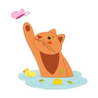 A cute cat catches a butterfly in the water. Color clip art for your projects. vector
