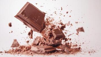 Chocolate Bar Cracking Into Pieces with Flying Cacao Dust photo