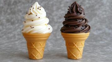 Delicious Soft Serve Ice Cream Cones in Vanilla and Chocolate Flavors photo
