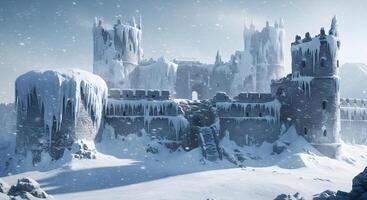 A castle in the snow with snow falling photo