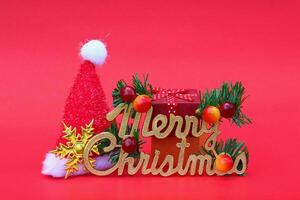 merry christmas with santa claus hat and new year gift with decoration for pattern and background photo