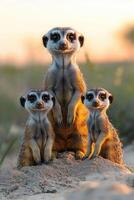 Three meerkats standing together on a sandy mound looking forward photo