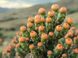 Clusters of orange blossoms adorn a prickly pear cactus. photo