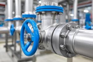 Industrial pipelines with a blue valve regulating the flow in a factory photo