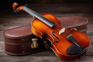 elegante violín descansando en Clásico caso foto