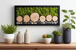 Decorative frame with moss, wood and stones inspiring eco friendly interior design photo