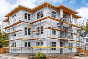 Modern three story building under construction with scaffolding photo