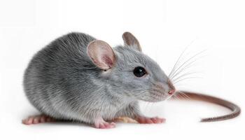 Isolated Gray Cute Mouse on White Whimsical and Charming Mascot Brings a Touch of Elegance with Soft Fur and Expressive Eyes Amidst Pristine Backdrop photo