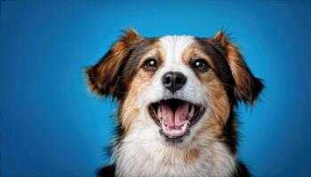 Jubilant Canine Radiating Joy on Vibrant Blue Background, Capturing a Moment of Pure Happiness and Playfulness in a Bold Color Scheme. photo