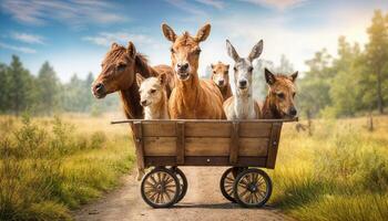 Happy Animals Riding in a Cart A Vibrant Carnival of Merriment among Wild Friends, Blending Cheerful Colors and Playful Textures in a Serene Forest Environment. photo