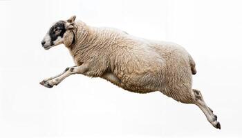 Happy Jumping Sheep against an Isolated Background A Vibrant and Playful Scene in a Tranquil Pasture, Perfect for Digital Art, Home Decor, or Design Inspiration. photo