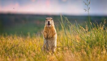 WaistDeep Ground Squirrel Amidst Blooming Meadow on a Picturesque Landscape at Twilight, Evoking Tranquility and Serenity in an Idyllic Scene. photo