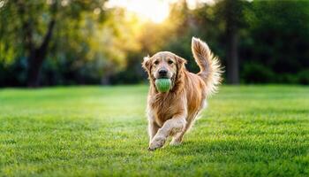 Jovial Golden Retriever Chasing a Ball amidst Vibrant Green Parkland, Early Morning Merriment in Lush Pastures photo