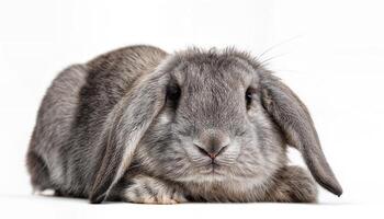Gray Fold Rabbit Isolate A Moody Yet Captivating Portrait of a Gray Rabbit in Isolation, Displaying Textured Fur and Vibrant Eyes, Set Against a Somber Backdrop for an Emotively Striking Image photo