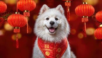 White Samoyed Dog in Chinese New Year Outfit Amongst Festive Lanterns Joyful Canine Celebrating Lunar New Year in Vibrant Red Attire Against a Backdrop of Illuminated Lanterns photo