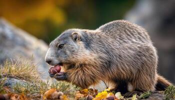 Groundhog Nibbling Acorns Amidst an Autumnal Forest Floor, Capturing the Cozy Warmth and Serenity of Natures Harvest Season with a Hint of Whimsical Charm. photo