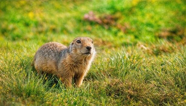 Gopher on Lush Grassy Lawn, Curious Glance Towards Camera in Rustic Afternoon Light, Depicting a Serene Moment of Natures Playfulness on a Warm Spring Day photo
