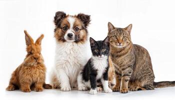 Adorable Gathering of Small Pets on a Clean White Backdrop, Showcasing Furry Friends in a Cozy Setting, Radiating Warmth and Companionship. photo