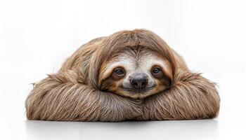 Happy Relaxing Sloth on White Background A Peaceful Portrait of Tranquility and Serenity in a Minimalist Setting photo
