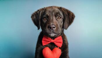 Adorable Valentine Puppy in Red Heart Bow Tie Joyful Indoor Portrait of a Stylish Canine Celebrating Loves Day photo